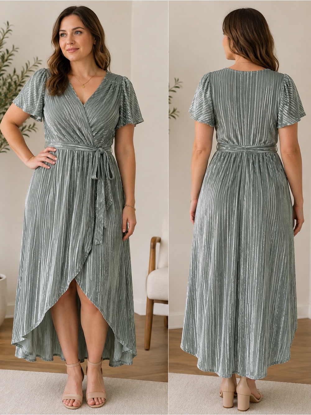 Baltic Born Mist Green Pleated High-Low Wrap Dress